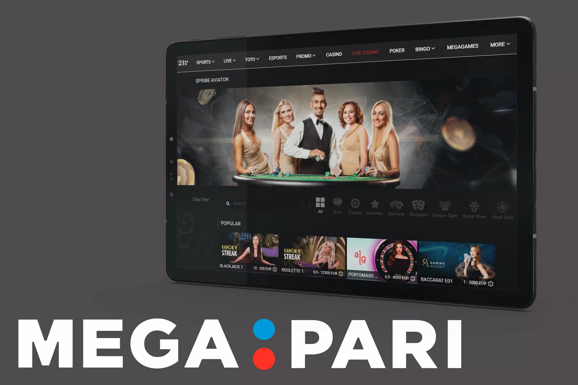 In the Megapari Live Casino section you can play games with real dealers.