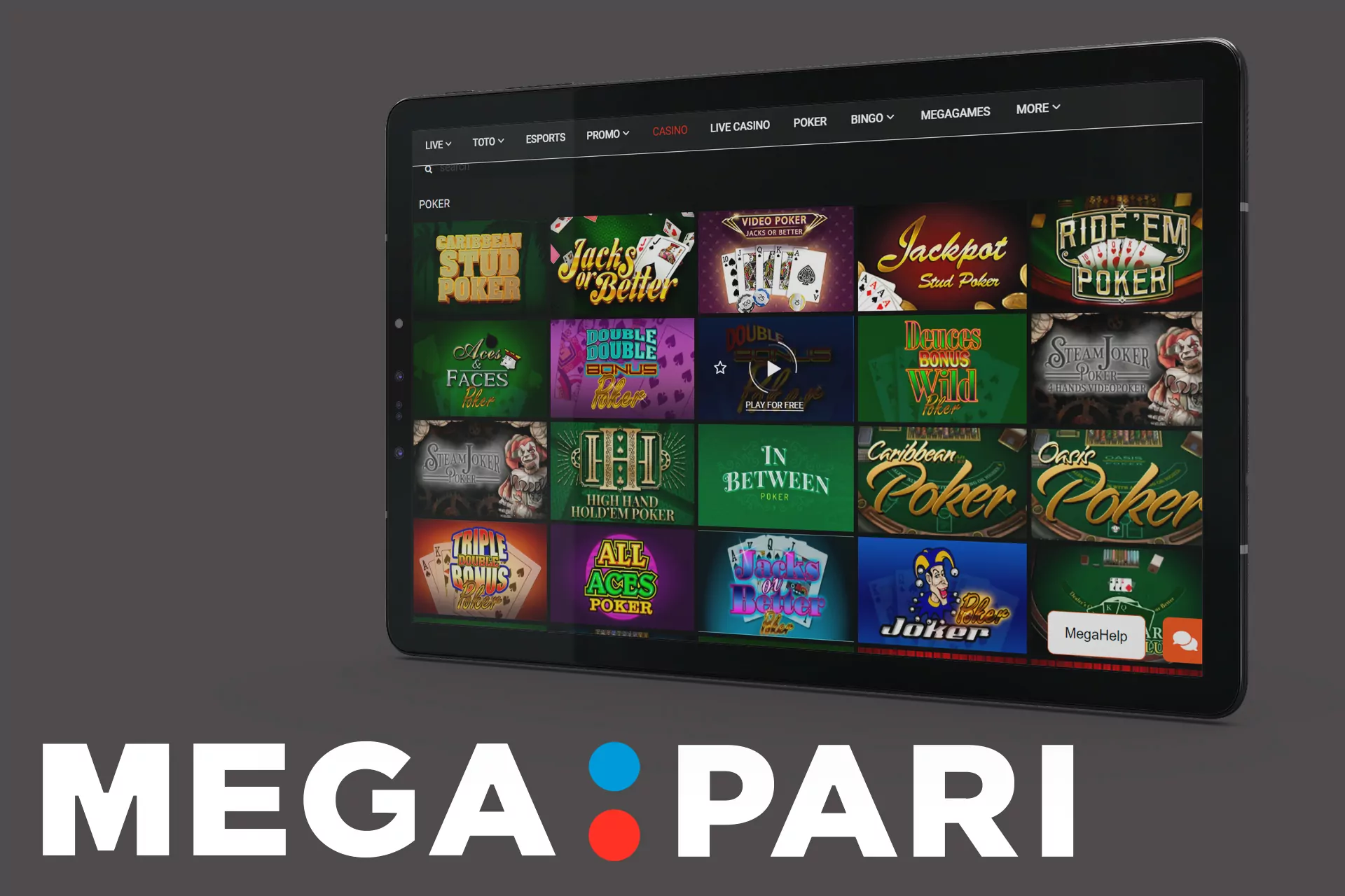 Play poker, baccarat and roulette in the Mega Pari casino.