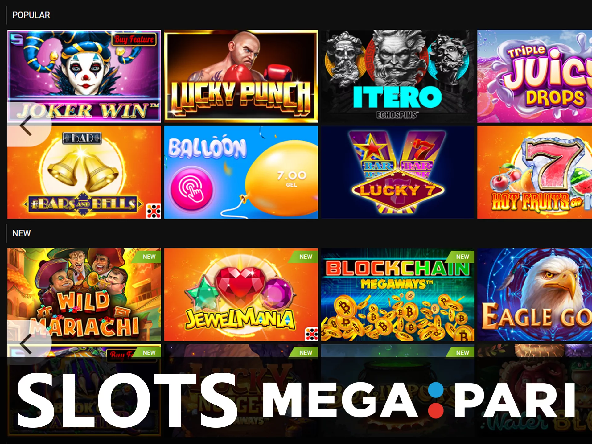 Play different well-known slots at Mega Pari.