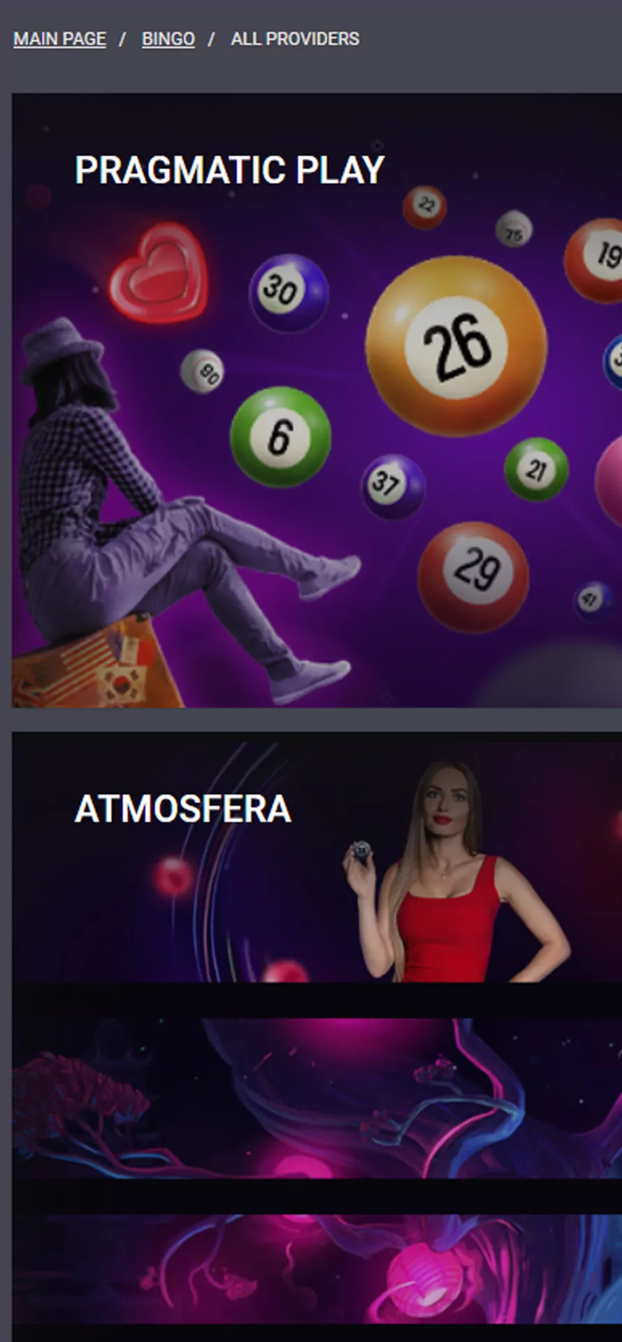 Casino games providers section in the Megapari app.