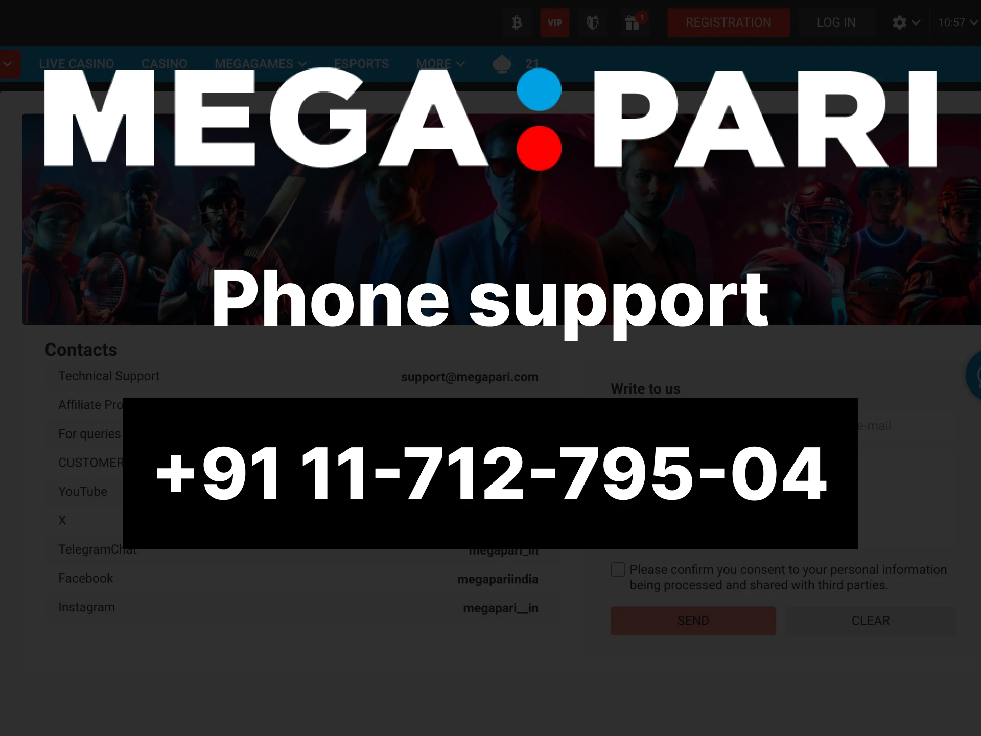 What is the phone number for technical support of the Megapari online casino site.